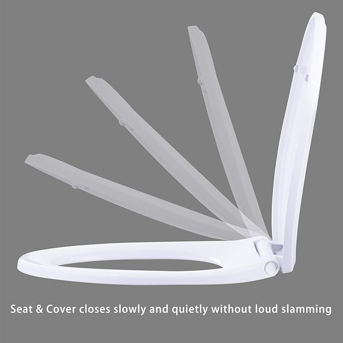 Hibbent Premium Elongated Toilet Seat with Quiet Close, One-Click to Quick Release, Installation Non-Slip Seat Bumpers, Slow Toilet Seat and Cover, Cleaning-White Color