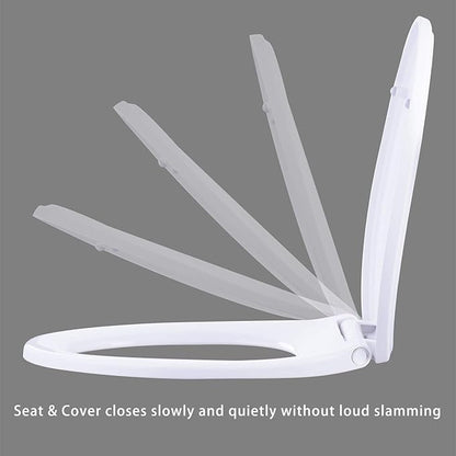Hibbent Premium Elongated Toilet Seat with Quiet Close, One-Click to Quick Release, Installation Non-Slip Seat Bumpers, Slow Toilet Seat and Cover, Cleaning-White Color