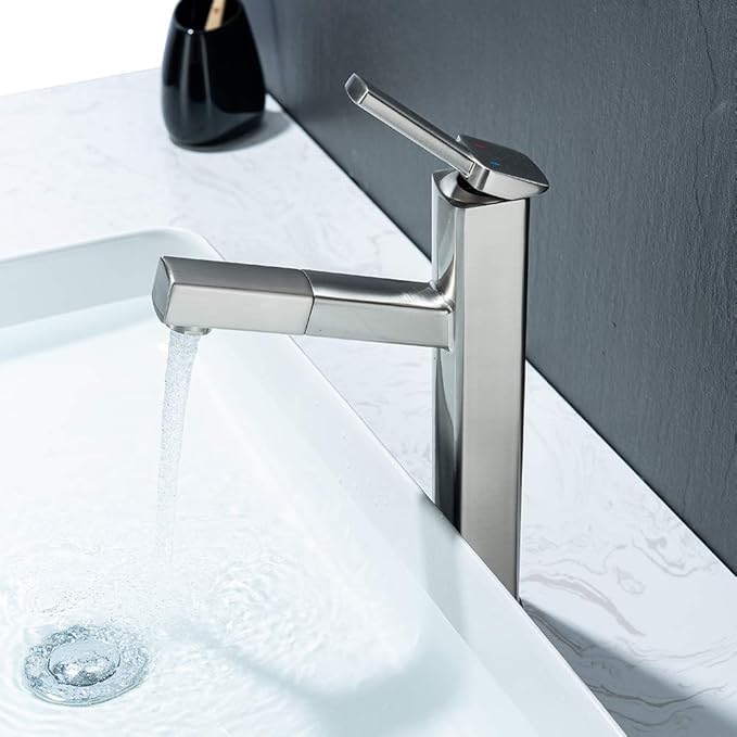 KAIYING Pull Down Vessel Sink Faucet, Single Handle Tall Bathroom Faucet with Pull Out Sprayer, Single Hole High Vanity Basin Mixer Tap, Lavatory Utility Sink Faucets (Tall, Brushed Nickel)
