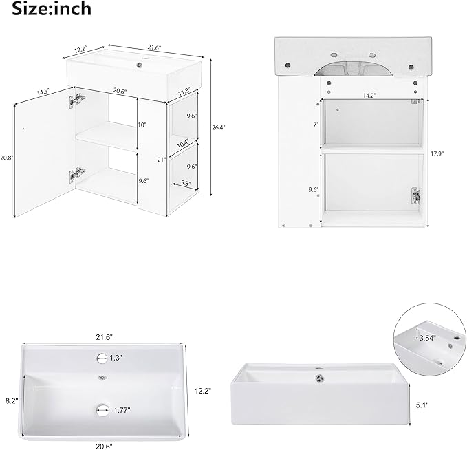 22" Small Bathroom Vanity with Sink, Floating Vanity for Bathrooms with Soft-Close Door and Open Shelf, Wall Mounted Narrow Bathroom Vanities for Compact Bathrooms (Green,22" Floating Right Shelf)