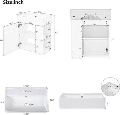 22" Small Bathroom Vanity with Sink, Floating Vanity for Bathrooms with Soft-Close Door and Open Shelf, Wall Mounted Narrow Bathroom Vanities for Compact Bathrooms (Green,22" Floating Right Shelf)