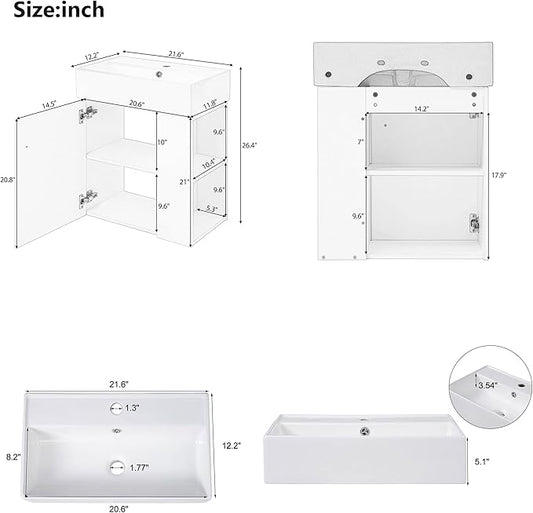 22" Small Bathroom Vanity with Sink, Floating Vanity for Bathrooms with Soft-Close Door and Open Shelf, Wall Mounted Narrow Bathroom Vanities for Compact Bathrooms (Green,22" Floating Right Shelf)