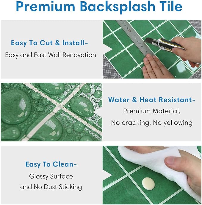 Thicker Peel and Stick 3D Backsplash Tiles Kitchen Bathroom | Green, 10 Pcs 12" x 12", Glossy Self Adhesive Decorative Vinyl Backsplash Wall Sticker, Cover 10 sq ft，Removable，Waterproof