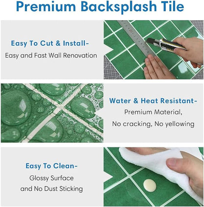 Thicker Peel and Stick 3D Backsplash Tiles Kitchen Bathroom | Green, 10 Pcs 12" x 12", Glossy Self Adhesive Decorative Vinyl Backsplash Wall Sticker, Cover 10 sq ft，Removable，Waterproof