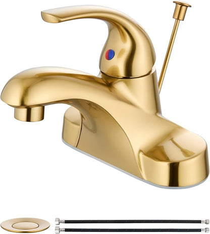 4-Inch Centerset Bathroom Sink Faucet with Drain, Brushed Gold | Single-Handle Vanity Faucet with Lift Rod Drain, 24-Inch Supply Lines, 1.2 GPM, 3-Hole Deck Mount, Easy Installation