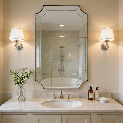 Brushed Nickel Mirror, 24x40 Inch Scalloped Bathroom Mirror, Modern Rectangle Mirror with Unique Notched Design, Ideal for Home Decor, Rust-Proof Stainless Steel 1" Frame