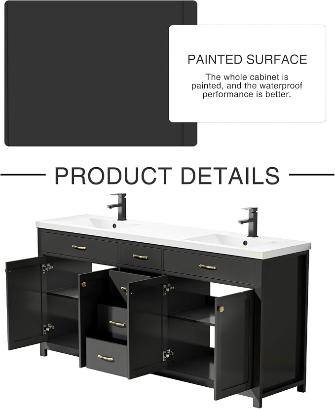 LUCKWIND 72" Modern Bathroom Vanity with Sink Combo, Contemporary Painted Storage Cabinet and Double White Sink, Include Soft-Closing Doors & Matte Black Faucet, Black