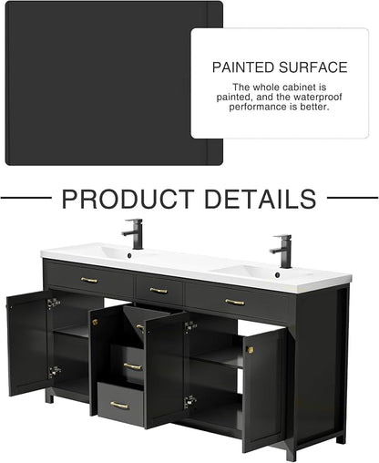 LUCKWIND 72" Modern Bathroom Vanity with Sink Combo, Contemporary Painted Storage Cabinet and Double White Sink, Include Soft-Closing Doors & Matte Black Faucet, Black