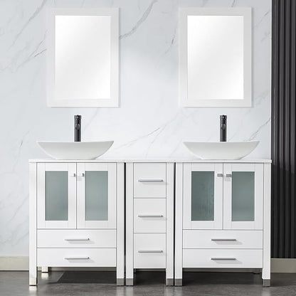 LUCKWIND 60" Double 24" Bathroom Vanity with Sink Combo, Elegant Series with One 12.6-in Side Cabinet, Painted Frame, Including Curved Rectangle Sinks, Faucets Without Mirrors, White