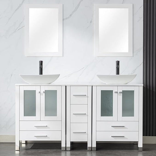 LUCKWIND 60" Double 24" Bathroom Vanity with Sink Combo, Elegant Series with One 12.6-in Side Cabinet, Painted Frame, Including Curved Rectangle Sinks, Faucets Without Mirrors, White