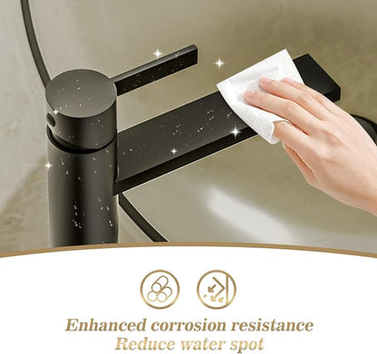 Matte Black one Hole Tall Bathroom Vessel Sink Faucet, Single Hole Single Handle Vanity Bathroom Faucet, with Pop Up Drain and Water Supply Line, FH02-MB-V