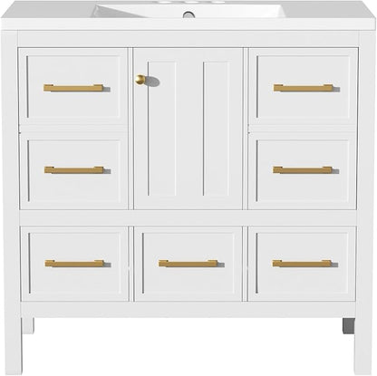 Merax 30 72 Inch White Bathroom Vanity with Double Sink,Modern Double Sink Vanity with 10 Drawers & 2 Spacious Cabinets,Soft Closing Doors with Gold Handles,Solid Wood Frame,Grid Front(2 * 36 Inch)