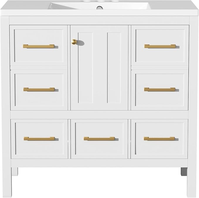 Merax 36 Inch White Bathroom Vanity with Sink,Modern Bathroom Sink Cabinet 36" with 5 Drawers & Storage Cabinet,Spacious Integrated Countertop,Gold Handles,Soft Closing,Solid Wood Frame