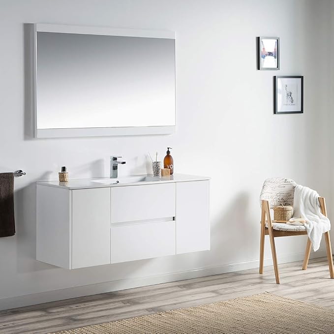 Blossom 48 Inch Bathroom Vanity with Sink, Wall Mounted All-Wood Floating Bathroom Vanity Cabinet with Ceramic Sink, Vanities for Bathroom, 2 Doors & Soft-Closing U-Shaped Drawers, Glossy White
