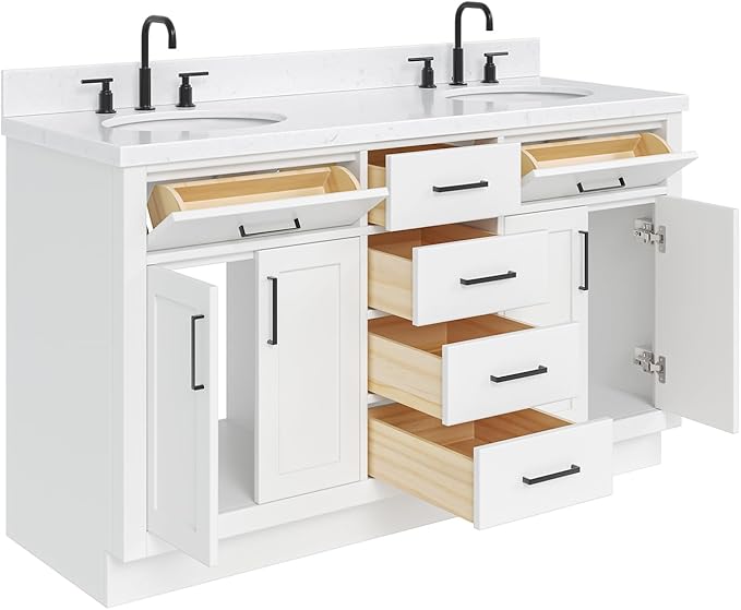 ARIEL Hepburn 60-inch Bathroom Vanity with Sink,Solid Wood, 1.5-inch Carrara White Quartz Countertop & Backsplash, Double Oval Porcelain Sink, 4 Soft Closing Doors, 6 Dovetail Drawers, White
