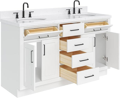 ARIEL Hepburn 60-inch Bathroom Vanity with Sink,Solid Wood, 1.5-inch Carrara White Quartz Countertop & Backsplash, Double Oval Porcelain Sink, 4 Soft Closing Doors, 6 Dovetail Drawers, White