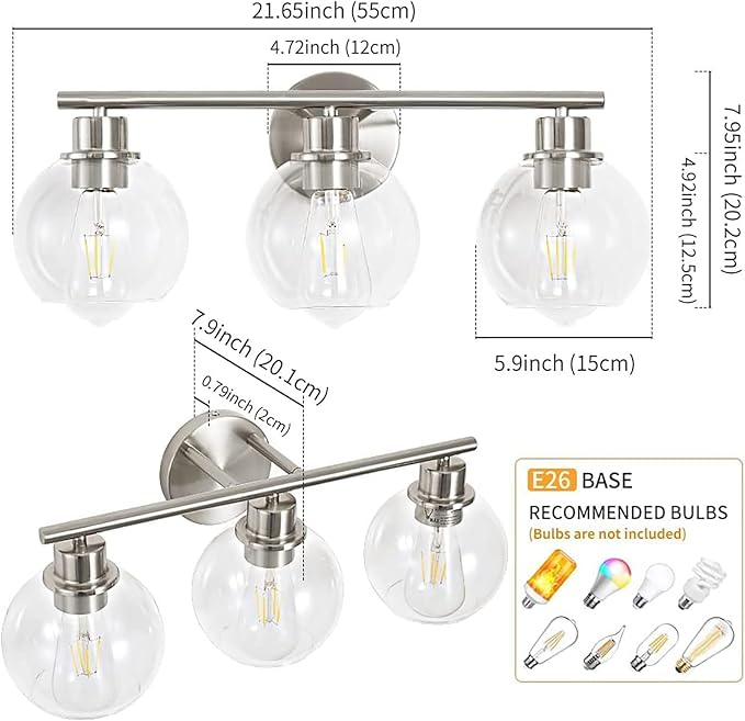 Bathroom Light Fixtures Over Mirror 3-Lights Bathroom Vanity Light with Clear Globe Glass Shade 22 inch Modern Brushed Nickel Vanity Lights Wall Sconce Lighting for Bath
