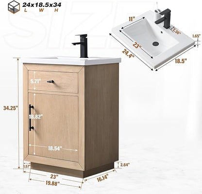 Vanity Art 24 inch Bathroom Vanity with Sink, Vanity Cabinet with Doors and Removable Shelf, Modern Wood Cabinet with Marble Top, Solid Wood Frame, Ceramic Sink,VA70-24-LW-E