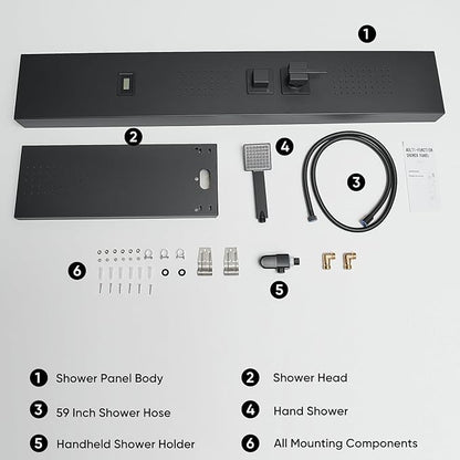 Shower Panel Tower System 5 in 1 Stainless Steel Rainfall Shower Panels with 5-Functions, 4 Enlarged Body Massage Jets, Handheld Head, Wall Mounted Matte Black