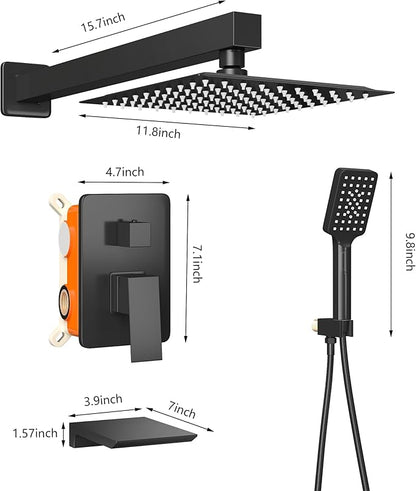 Shower Faucet Set Complete Matte Black Shower System with 12 inch Square Rainfall Shower Head 3-Function Handheld Shower Waterfall Bathtub Spout Rain Shower Combo Set Bathroom Wall Mounted