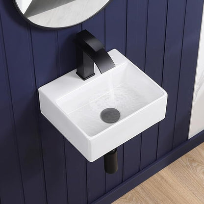 Small Wall Mount Bathroom Vessel Sink 13"x12" Rectangular Floating White Porcelain Ceramic Wall Hung Vanity Basin Sink for Tiny Home,RV,Bathroom