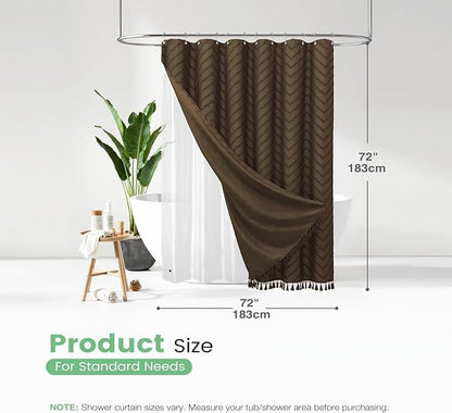 Dynamene Brown Boho Shower Curtain and Liner Set, Farmhouse Fabric Shower Curtain and Waterproof Clear Liner, Tufted Chevron Striped Textured Tassel Shower Curtains for Bathroom with 12 Hooks, 72x72