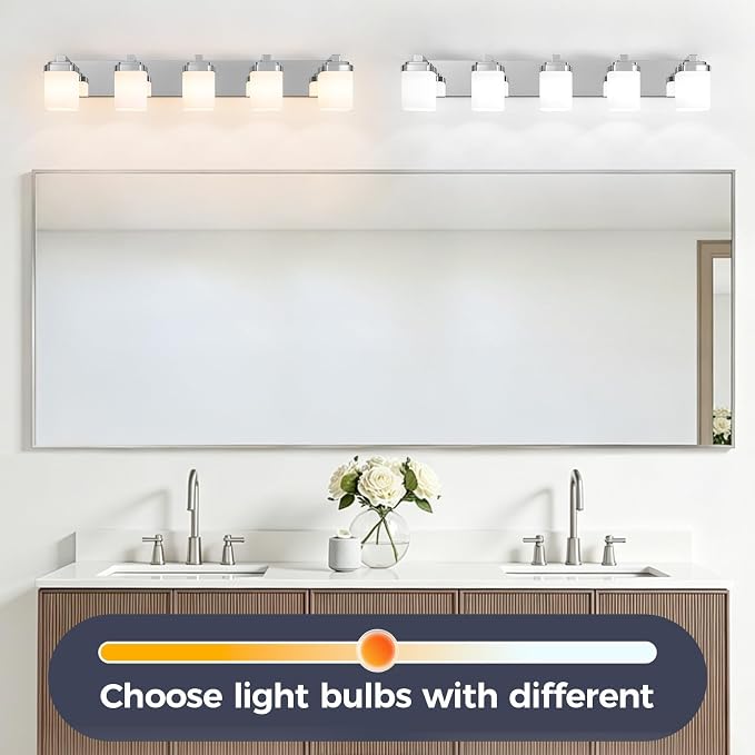 Vanity Lights for Bathroom, Farmhouse Bathroom Light Fixtures | 5-light chrome modern light fixture with milky white square glass shade, 36.5" modern bathroom lighting fixtures over mirror