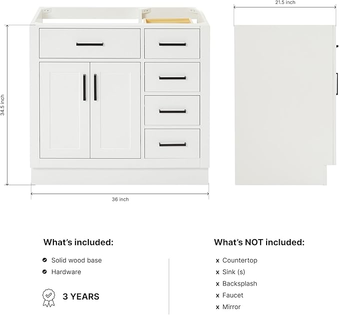 ARIEL Hepburn 36-inch Bathroom Vanity Base Cabinet,Solid Wood, 2 Soft Closing Doors, 5 Dovetail Drawers, White