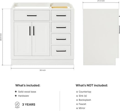 ARIEL Hepburn 36-inch Bathroom Vanity Base Cabinet,Solid Wood, 2 Soft Closing Doors, 5 Dovetail Drawers, White