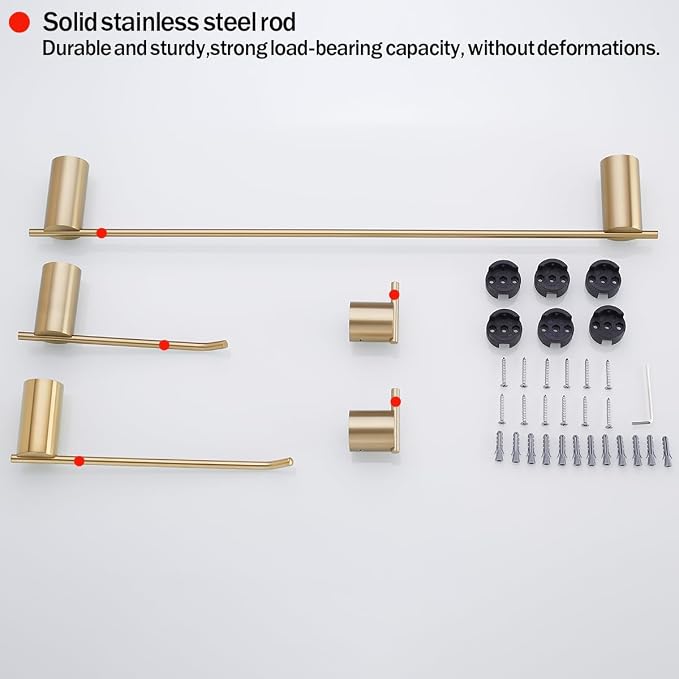 RANDOM Brushed Gold Bathroom Hardware Set 5 Pieces Include 24 inch Towel Bar 10 inch Hand Towel Holder Toilet Paper Holder Towel Hook for Bathroom,SUS304 Stainless Steel.RD96068S-5BG