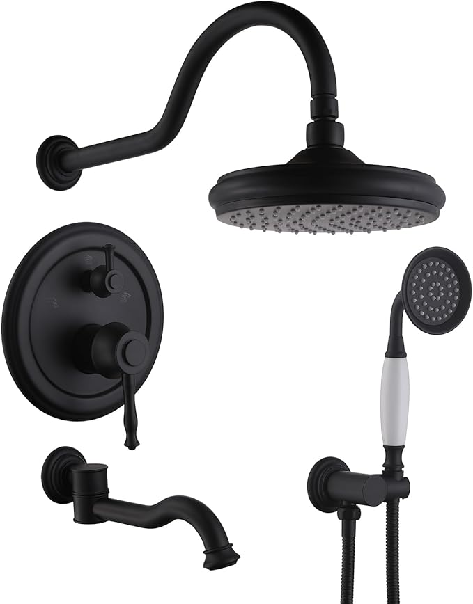 Shower Systems with Handheld Sprayer,3 Functions Shower Faucet Sets Wall Mounted,Shower Fixture with Brass Valve,Complete Shower System Kit with Foldable Tub Spout (Matte Black)