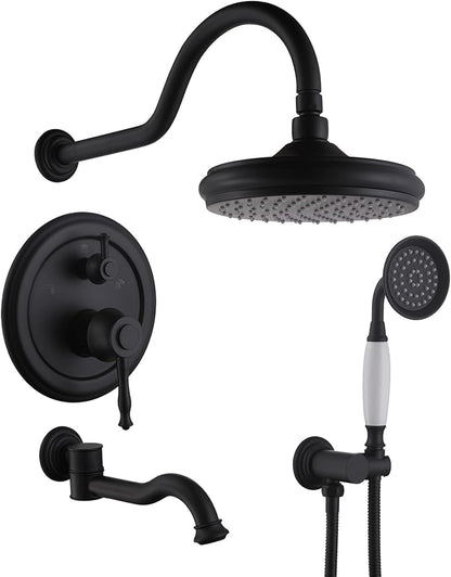 Shower Systems with Handheld Sprayer,3 Functions Shower Faucet Sets Wall Mounted,Shower Fixture with Brass Valve,Complete Shower System Kit with Foldable Tub Spout (Matte Black)