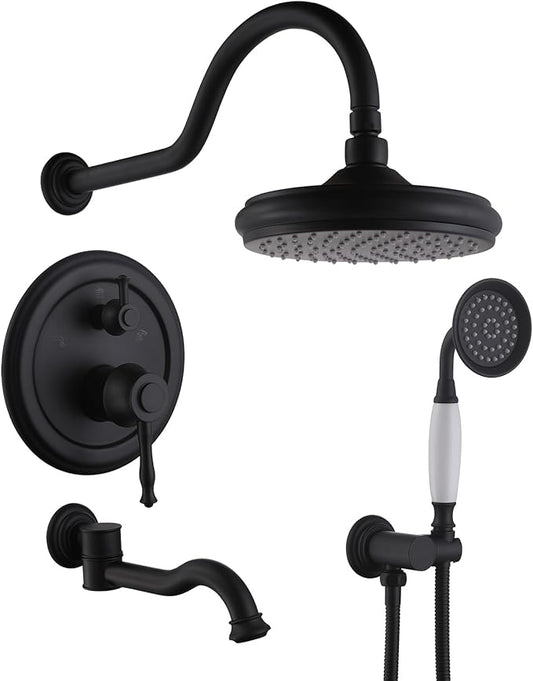 Shower Systems with Handheld Sprayer,3 Functions Shower Faucet Sets Wall Mounted,Shower Fixture with Brass Valve,Complete Shower System Kit with Foldable Tub Spout (Matte Black)