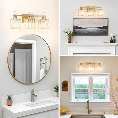 Lxybcce Bathroom Vanity Light Fixture 3-Light - Vanity Lights for Bathroom with Crystal Shade Gold Metal, Easy Install No Drilling Needed, Shadow-Free Illumination for Modern Bathroom Mirror Decor