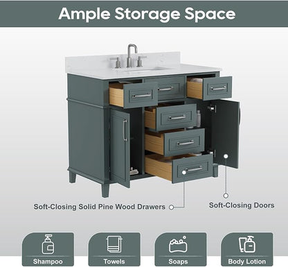 42 Inch Bathroom Vanity with Sink, Fully Assembled, Green | Solid Wood Single Sink Bathroom Vanity, Modern Bathroom Sink Cabinet, Soft Close Doors & Dovetail Drawers, 0.78" Stone Top