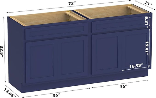 Vanity Art 72 Inch Bathroom Base Cabinet Only, Double Sink Top (Not Include Sink) with Door & Soft Close Hinge, Unassembled Floor Cabinet, Blue, 2ea 36 Inch Combo