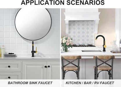 KENES Black and Gold Single Handle Bathroom Sink Faucet, Modern Prep Wet Bar Sink Faucet with Drain Assembly & Deck Plate, Vanity Faucets for Farmhouse RV Camper Utility, KE-9005B-BG