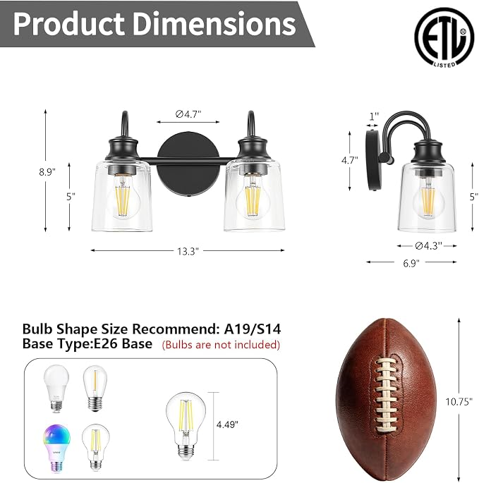 2 Lights Bathroom Light Fixtures Modern Black Vanity Lights | ETL Certificate, Easy to Install,Wall Mount Up or Down,Thickened Glass Lampshade,E26 Socket,Hardwired