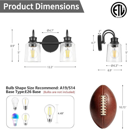 2 Lights Bathroom Light Fixtures Modern Black Vanity Lights | ETL Certificate, Easy to Install,Wall Mount Up or Down,Thickened Glass Lampshade,E26 Socket,Hardwired