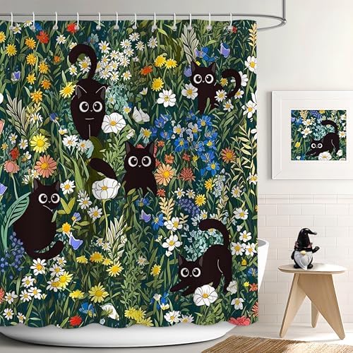 APROPHIC Cat Shower Curtain, Boho Modern Cute Girly Bathroom Curtain, Black Cartoon Cat Colorful Flowers Curtain Set, Waterproof Bathroom Home Decor Set with Hooks, 72X72 Inches