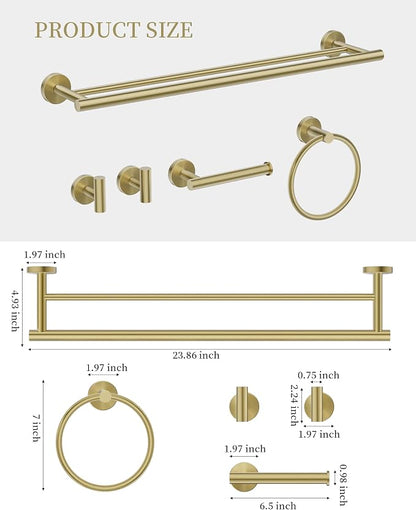 Brushed Gold Bathroom Hardware Accessories Set 5 pcs Towel Holder Bar Set | 24 inches Stainless Steel Towel Bar, Towel Racks for Bathroom Robe Towel Hooks Toilet Paper Holder Wall Mounted by BATHLAVISH