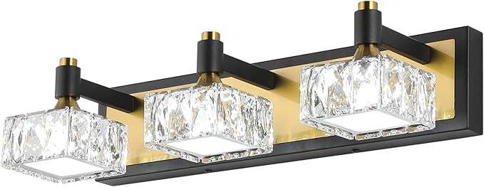 3-Light Bathroom Light Fixtures Over Mirror, Dimmable LED Bathroom Vanity Light with Crystal Shade, Black and Gold Modern Wall Sconce Light, Bathroom Lighting Fixtures Over Mirror, Bath Lamp