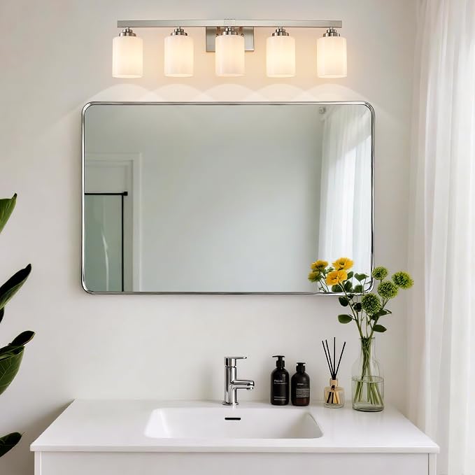 Bathroom Light Fixtures, Vanity Light Over Mirror Nickel 5-Light Fixture | Modern bathroom vanity light fixture with metal frame, ideal for mirrors, bedrooms and hallways. Fits E26 bulbs.