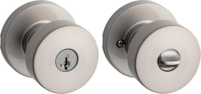 Kwikset Pismo Round Entry Doorknob with Lock and Key, Secure Keyed Handle Exterior Doorknob, Front Entrance and Bedroom, Satin Nickel, Pick Resistant SmartKey Rekey Security