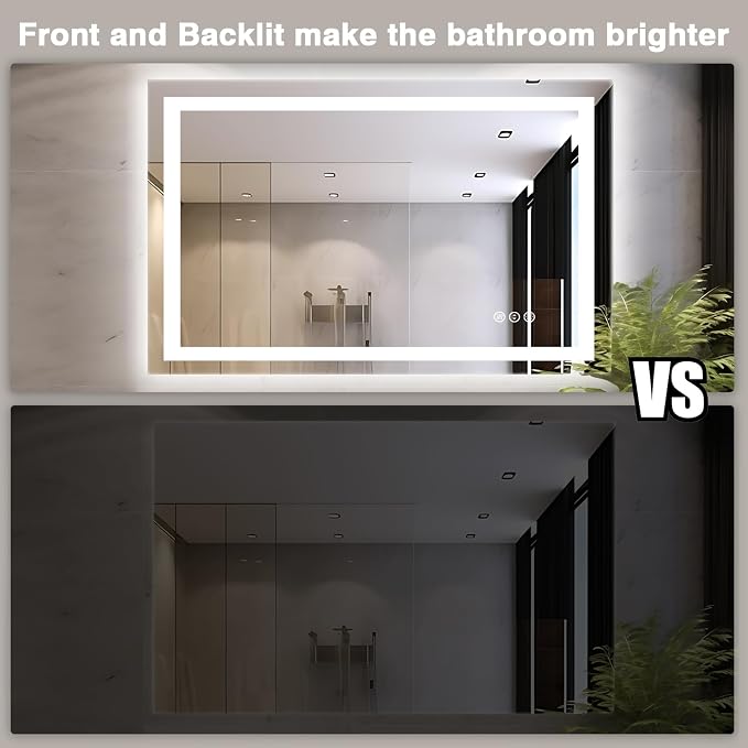 EchosLife 48"x32" LED Bathroom Mirrors for Wall | Backlit + Front Lit, Anti-Fog, Stepless Dimmable, 3 Colors, Memory, Tempered Glass, UL Listed, Horizontal/Vertical