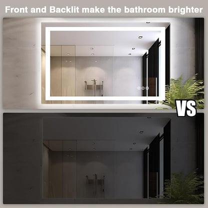 EchosLife 48"x32" LED Bathroom Mirrors for Wall | Backlit + Front Lit, Anti-Fog, Stepless Dimmable, 3 Colors, Memory, Tempered Glass, UL Listed, Horizontal/Vertical