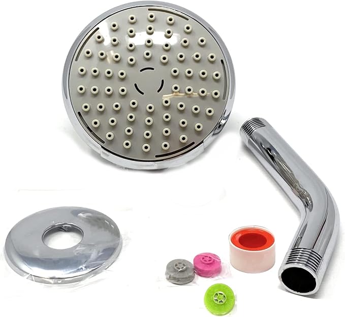 Showerhead 4" Chrome Appearance High or Low Pressure Water Saving Shower Head [3759] includes 3 removable flow restrictors and Teflon Tape