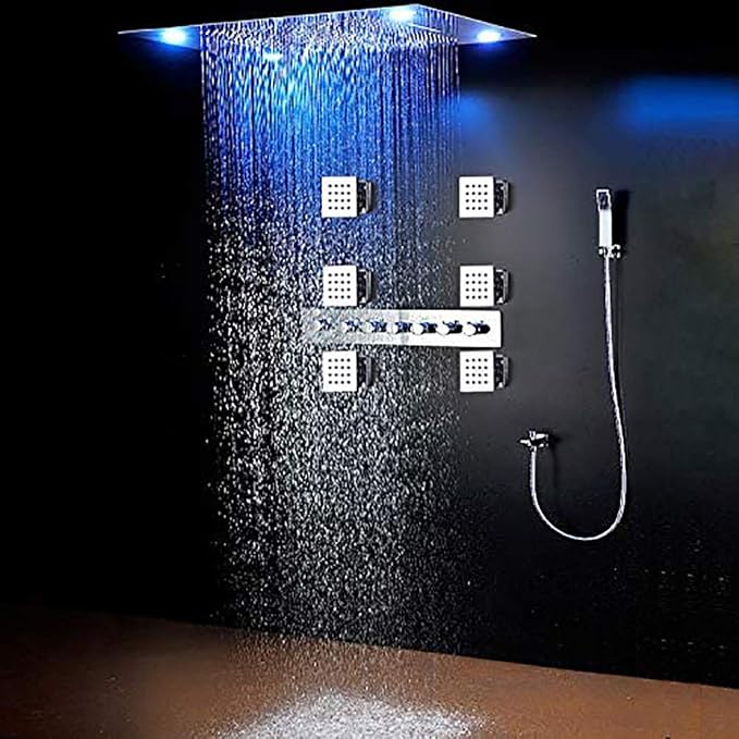 Cascada Classic Design 23"x31" Large shower Set with Waterfall LED rectangle recessed 4 function shower head, massaging body jets & handheld (23"x31", Brushed Gold) | Luxurious 6 Functions (Rainfall, Waterfall, Curtain, Misty, Body Jets & Handheld) | 7...