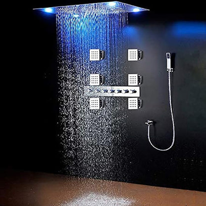 Cascada Classic Design 23"x31" Large shower Set with Waterfall LED rectangle recessed 4 function shower head, massaging body jets & handheld (23"x31", Brushed Gold) | Luxurious 6 Functions (Rainfall, Waterfall, Curtain, Misty, Body Jets & Handheld) | 7...