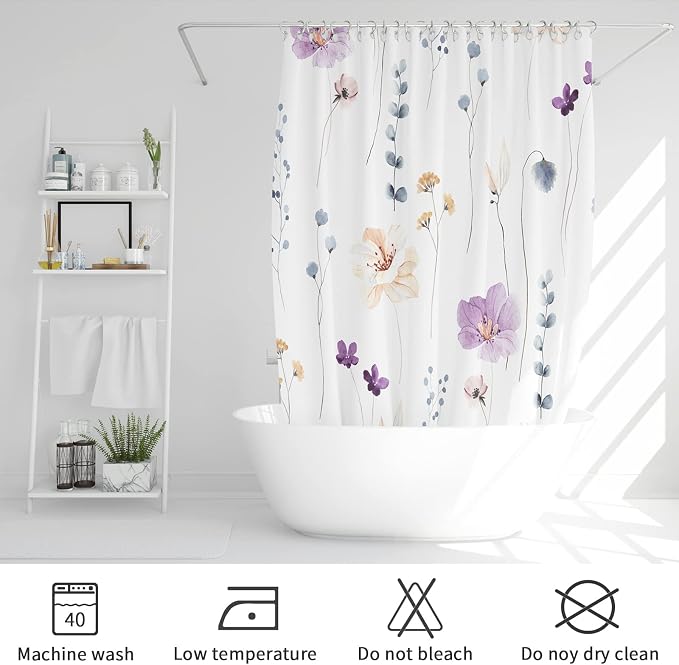 Purple Beige Watercolor Floral Fabric Shower Curtain, 72x84 | Waterproof Fabric, Modern Minimalist Floral Print, Machine Washable, Rustproof Grommets, Fade Resistant, for Bath Home